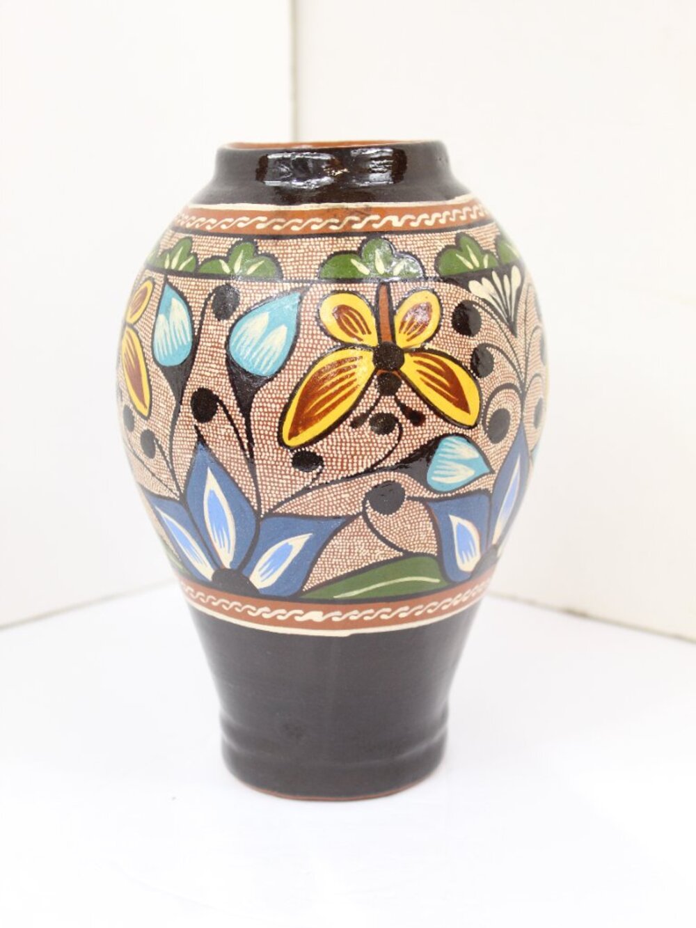 Mexican Brown Hand Painted Floral Redware Pottery Vase Mexico Vintage 8.25"T